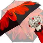 Çadër e palosshme për femra me lule të kuqe me dorezë të argjendtë