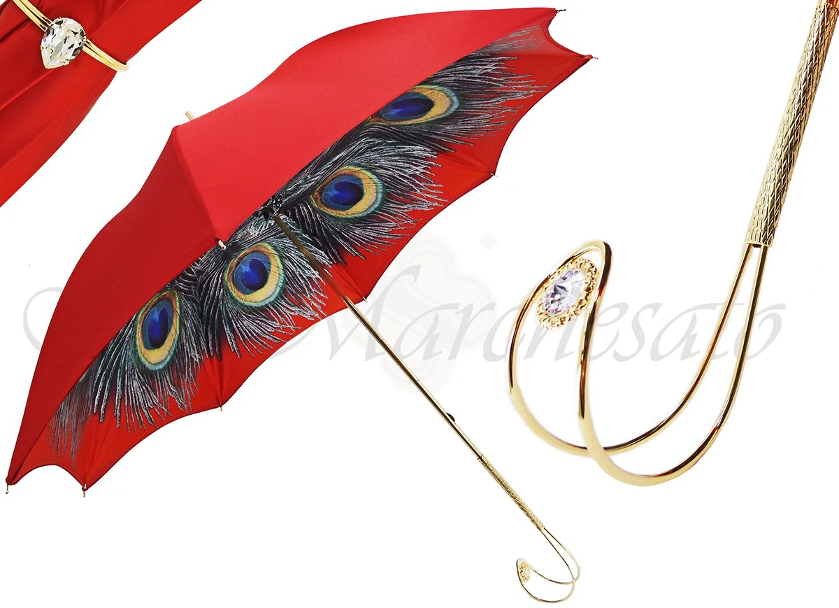 DG39-LUXURY-RED-PEACOCK-DOUBLE-CLOTH-UMBRELLA_2048x2048 Çadër - il Marchesato e punuar me dorë dekoruar me ar 24K - Image 1